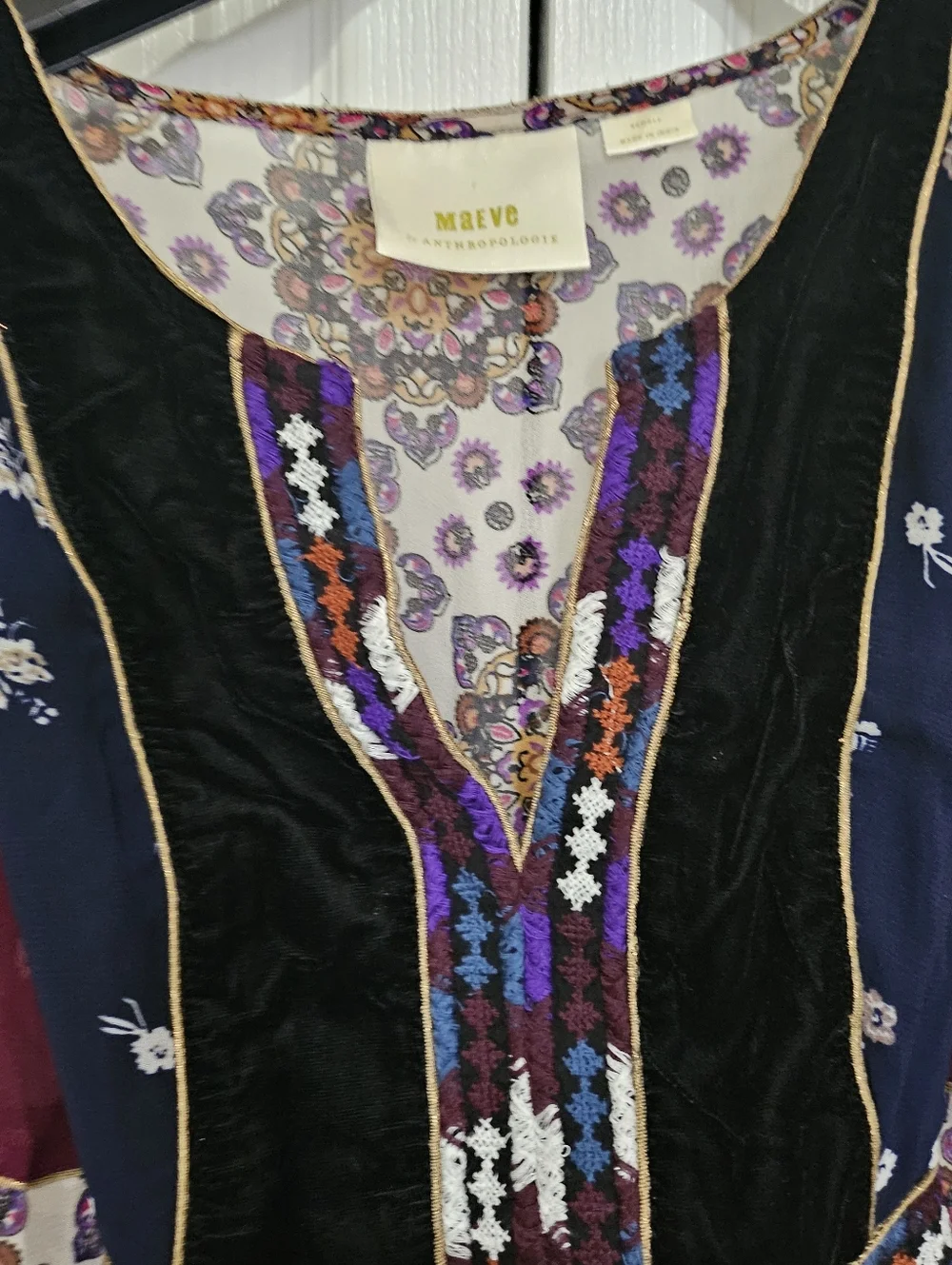 Maeve Anthropologie Dress Women Boho Floral Velvet Trim Tie XS Sheer Sleeve. - Picture 6 of 16